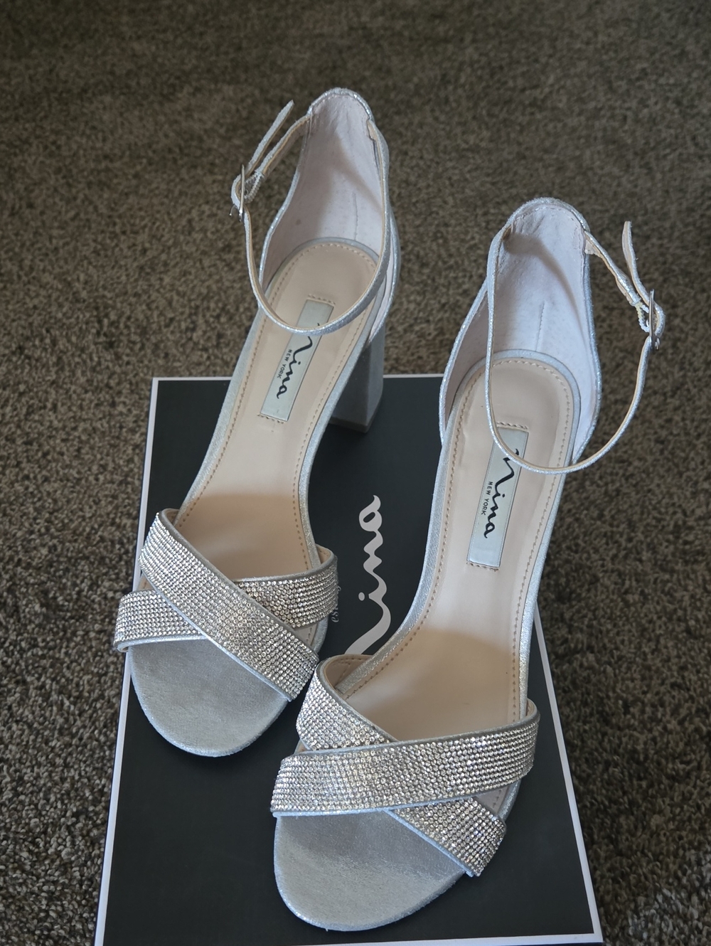 STUNNING: Nina Silver Rhinestone Ankle-Strap Block Heels